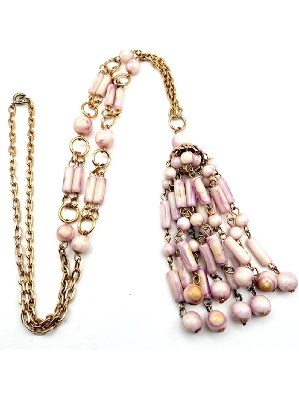 Vintage Pink Purple Plastic Bead Tassel Fringe Gold Tone Chain Necklace 26"